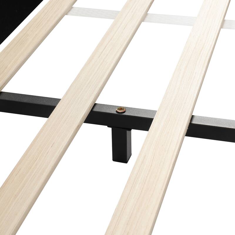 Roomfitters Full/Queen Size Upholstered Grounded Platform Bed with Bedside Desk and Round Stool, Velvet Fabric Bed Frame