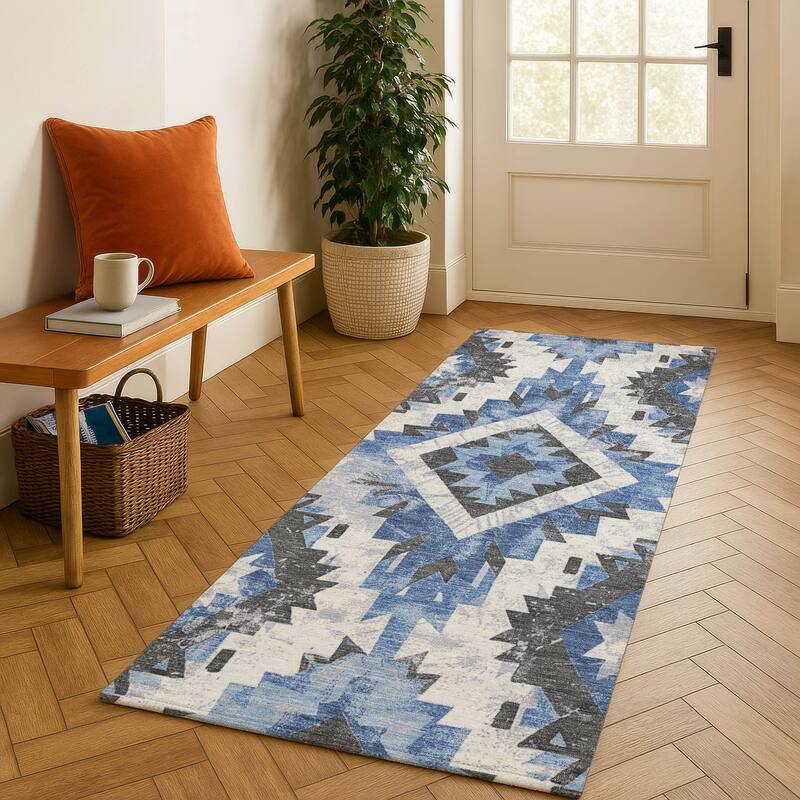 Premium Washable Super Soft Southwest Global Mayfield Rug - Blue - 2'3" x 7'6"