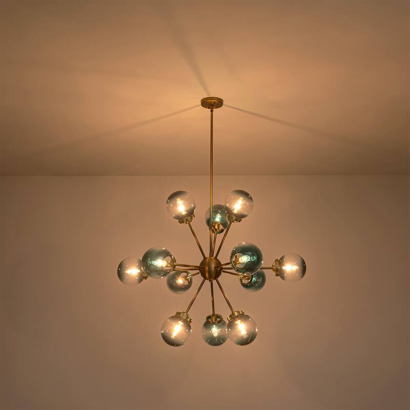12-Light Modern Glam Brushed Gold Linear Sputnik Gradient Blue Glass Globe Bubble Chandelier - 37.7 in. W x 30.3 in. H