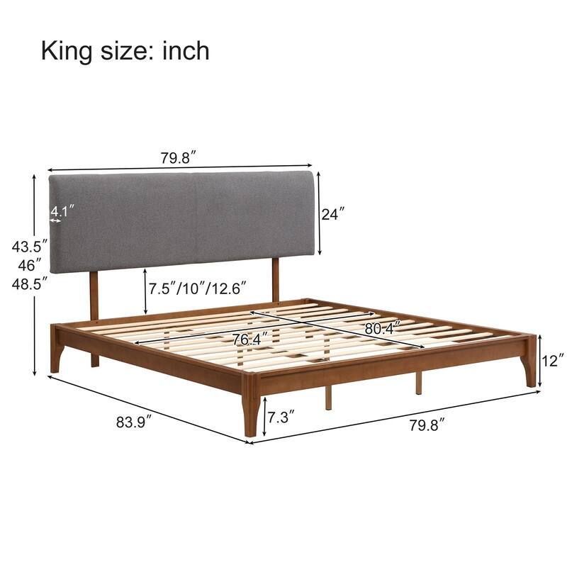 Solid Dry Bamboo Wood 12 Inch Platform Bed, with Bamboo Frame Upholstered Adjustable Headboard