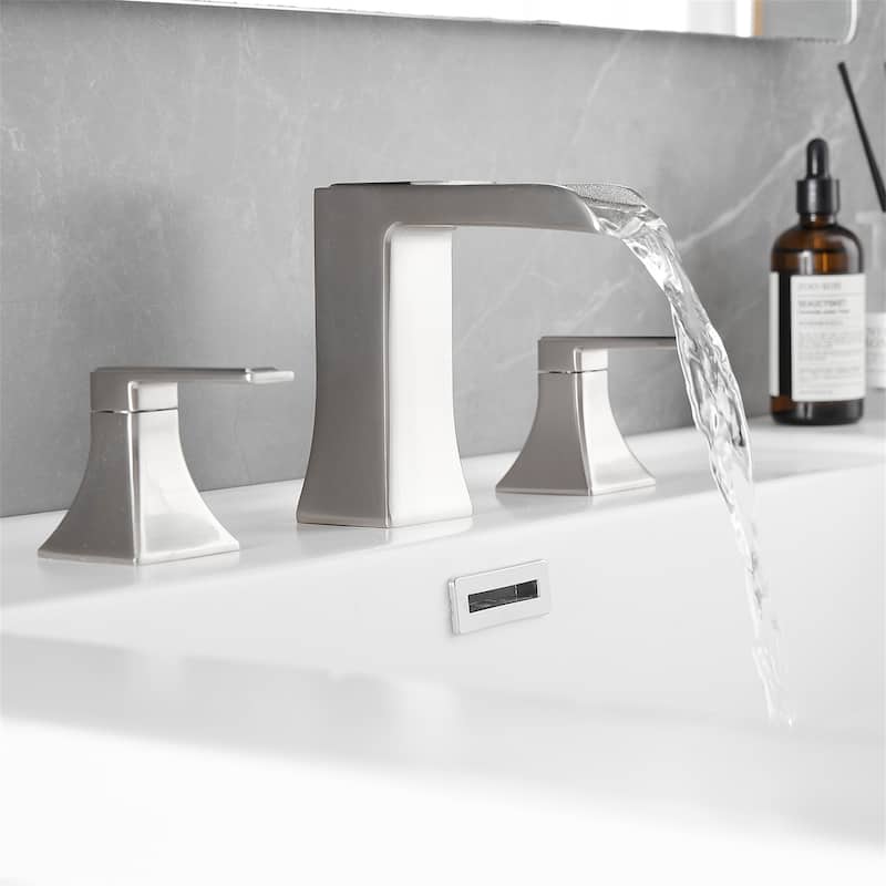 Waterfall 8 Inch Widespread Bathroom Faucet with Pop-up Drain Kit Brass Double Handle Modern Bathroom Sink Vanity Taps