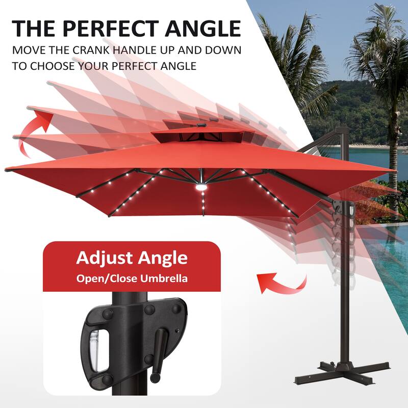 10 X 13 FT Outdoor Patio Cantilever Umbrella with Solar Lights Rod Wheel Base Double Canopy 360 Rotation Tilt