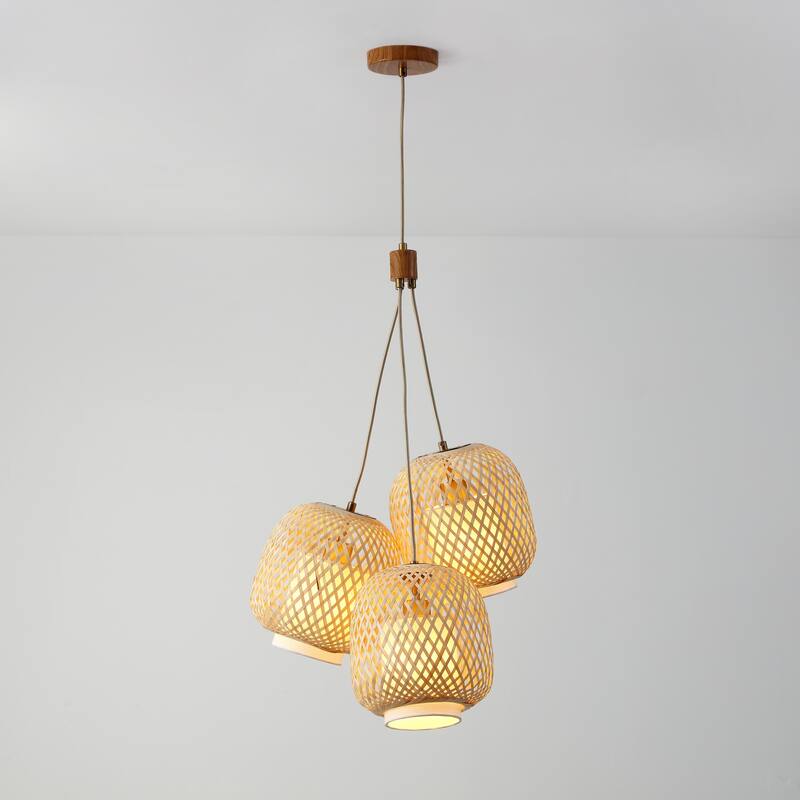VidaLite FOS - 3-Light 78 in. Brushed Brass Bohemian Pendant with Woven Bamboo Shades