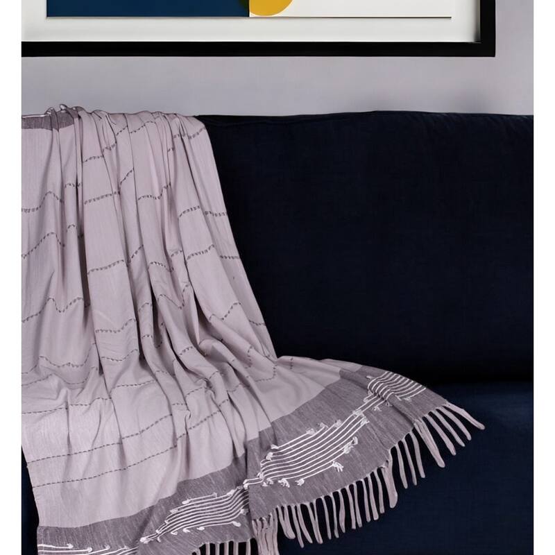 HomeRoots 50" X 60" Gray Woven Cotton Striped Throw Blanket with Tassels and Embroidery - Throw