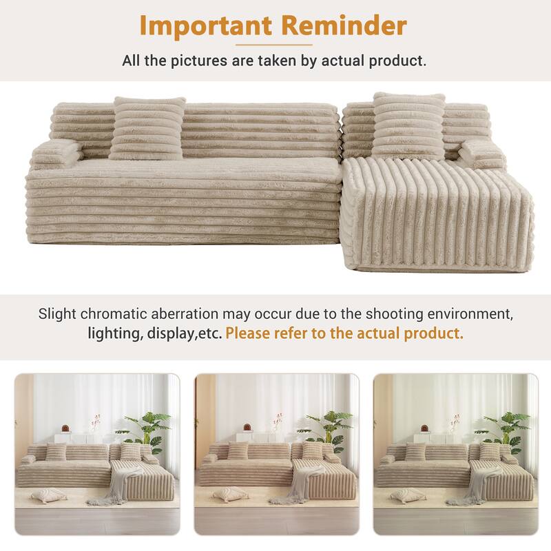 L Shape Modular Sectional Sofa with Chaise, Full-Compressed Boneless Couches, Faux Fur 3 Seat Sofa with 2 Throw Pillows