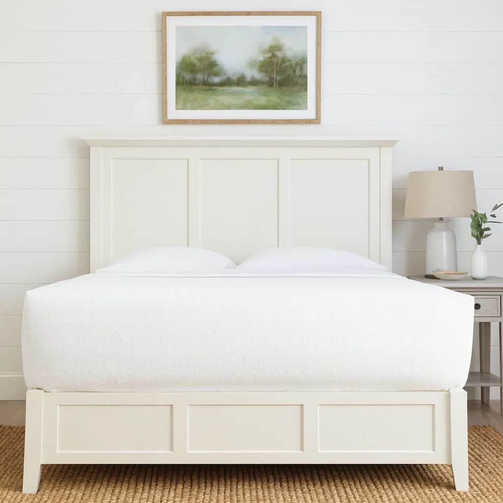 Neo Solid Mahogany Wood Low Profile Queen Bed, Beveled Trim Top, White