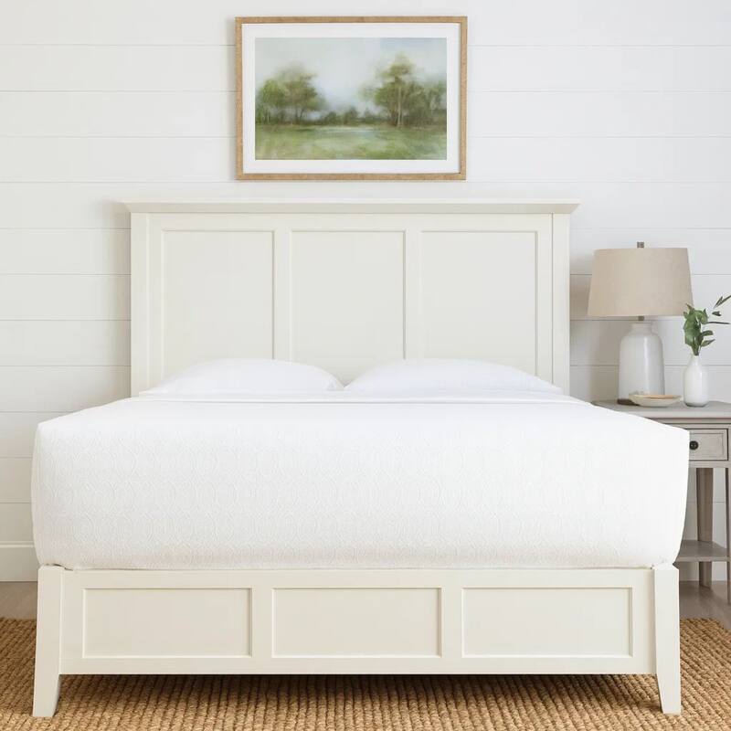 Neo Solid Mahogany Wood Low Profile Queen Bed, Beveled Trim Top, White