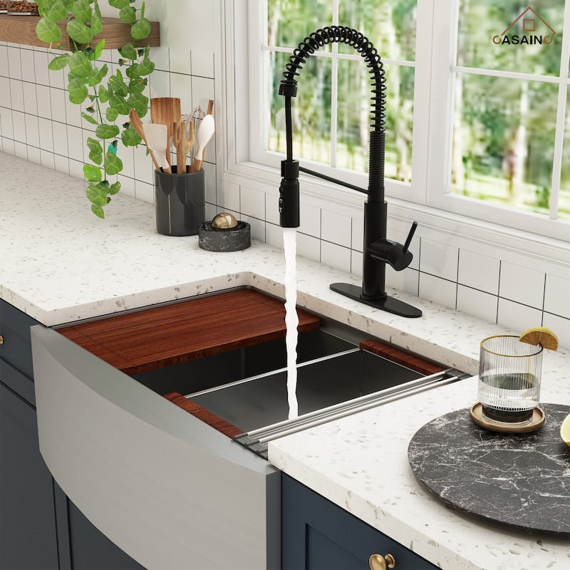 Farmhouse/Apron-Front Single Bowl 16 Gauge Stainless Steel Workstation Kitchen Sink with Accessories and Pull Down Faucet Sets