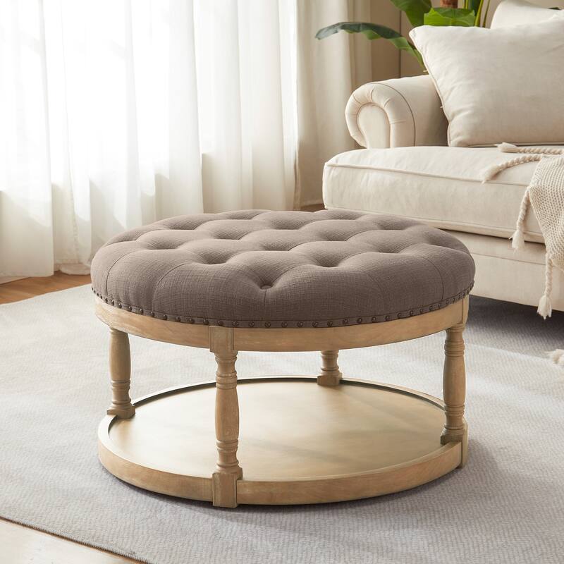 HUIMO 33in Round Upholstered Solid Wood Ottoman Coffee Table with Storage Shelf