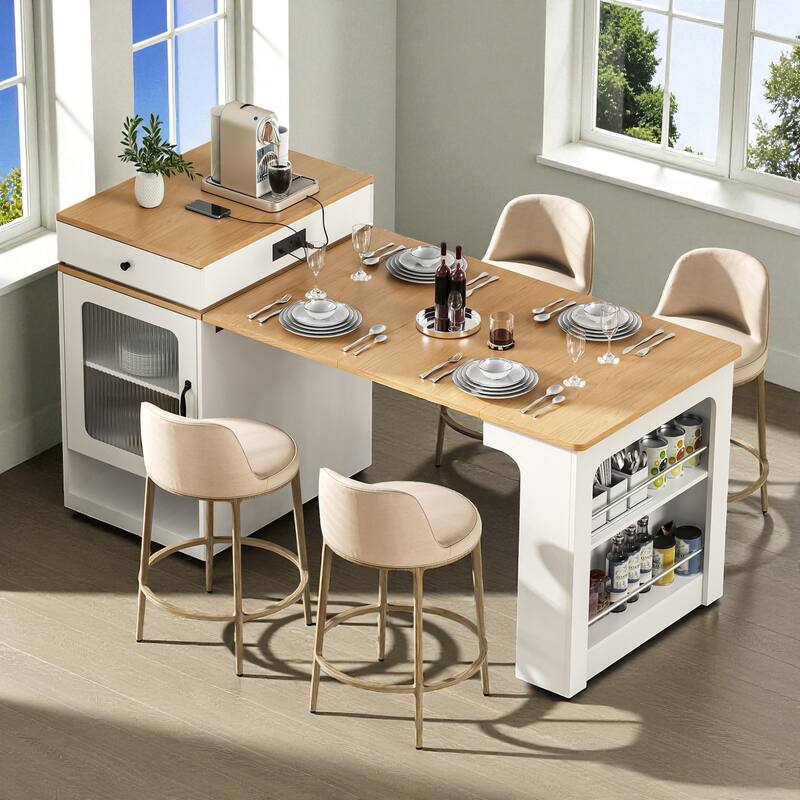 59.5" Kitchen Island with Extendable Table, Double-Sided Storage, Power Outlet, Drawers and Shelves - White