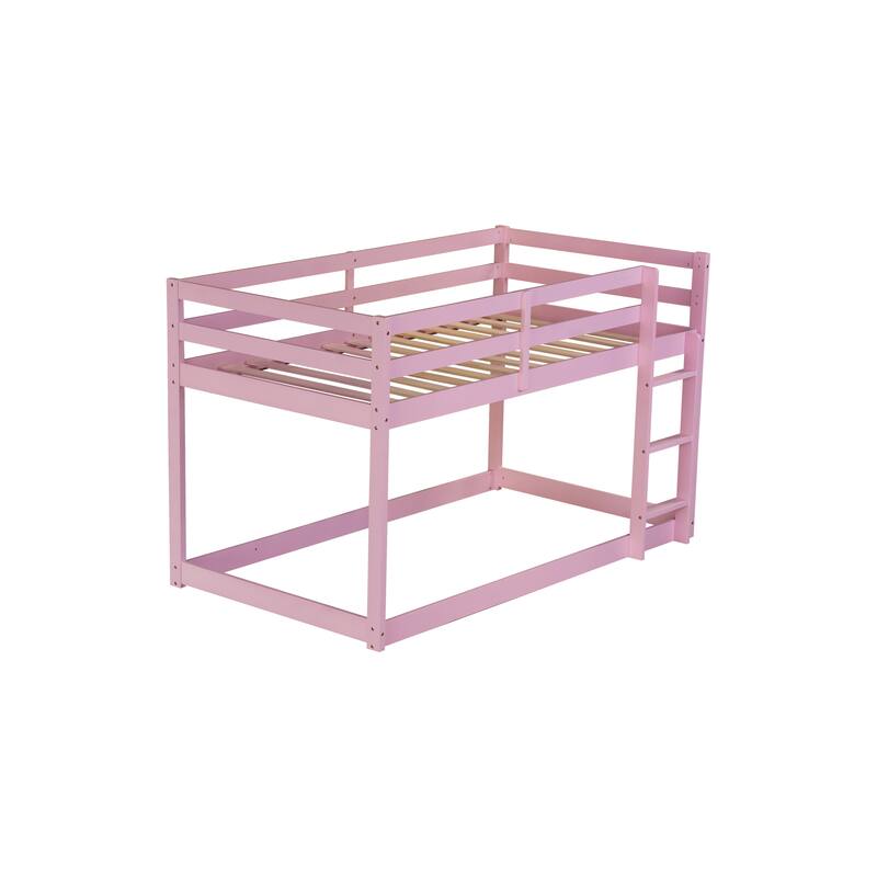 Pink Twin over Twin Solid Rubber Wood Bunk Bed with Ladder and Strengthened Slats