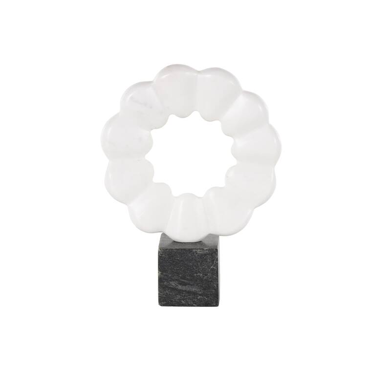 White Marble Floral Inspired Ring Geometric Decorative Sculpture with Black Block Base