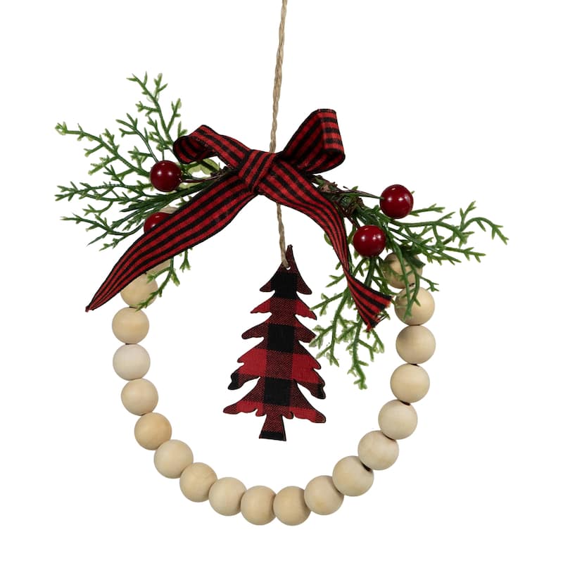 Buffalo Plaid Tree and Bow Wooden Beaded Christmas Wreath Ornament - 5.5"