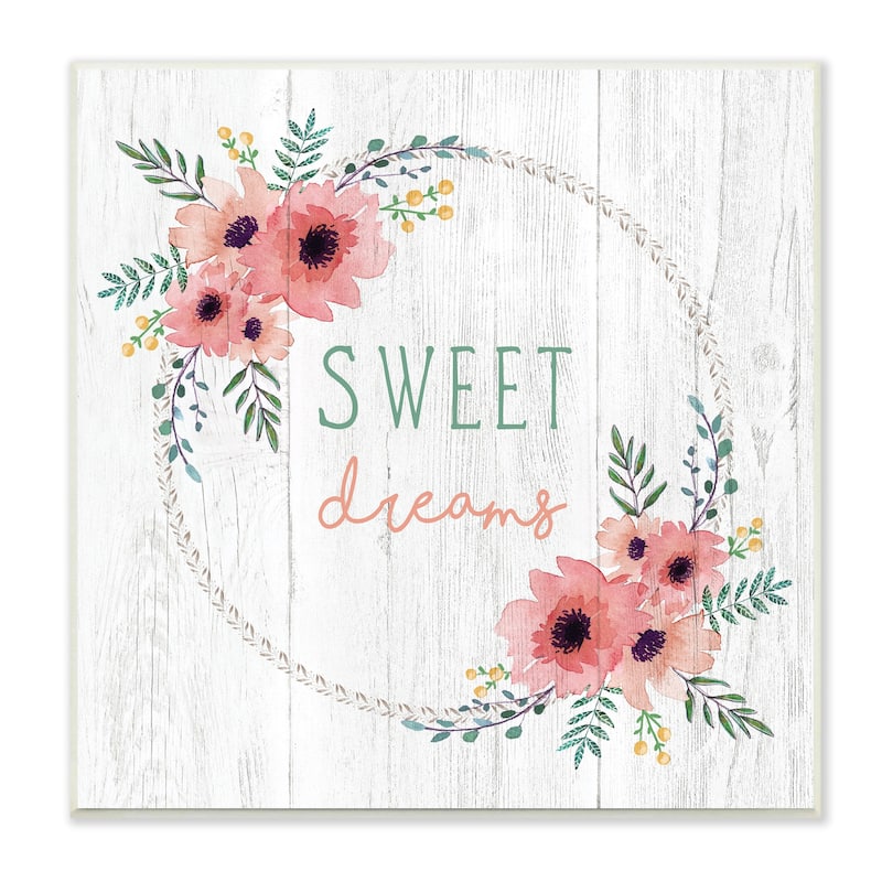 Stupell Sweet Dreams Sentiments Blushing Pink Poppy Wreath Wood Wall Art,12 x 12