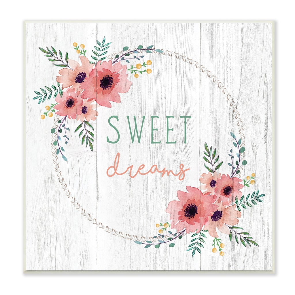 Stupell Sweet Dreams Sentiments Blushing Pink Poppy Wreath Wood Wall Art,12 x 12