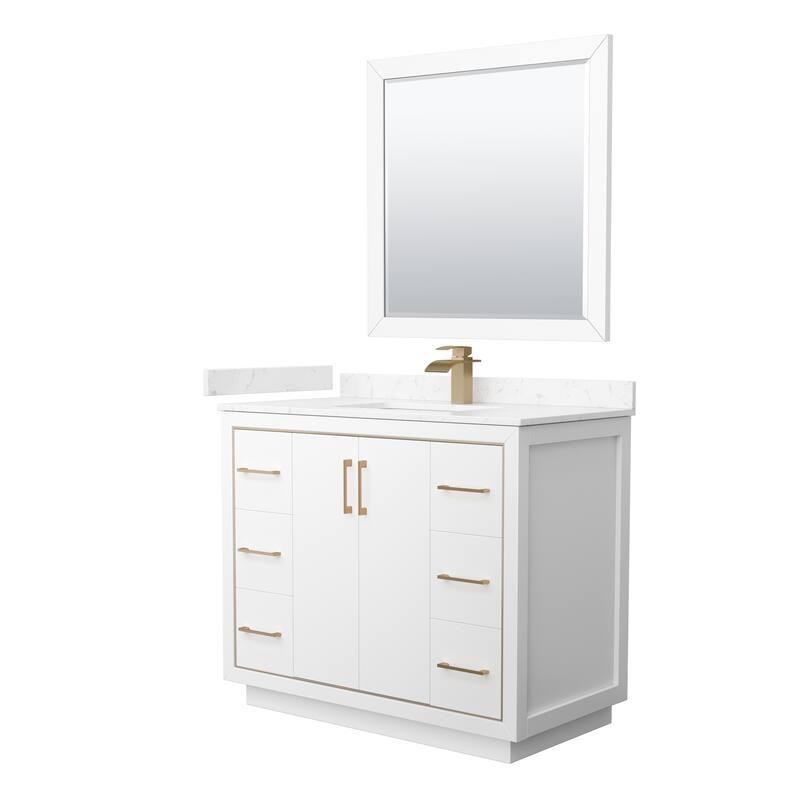 Icon Single Vanity Set, Cultured Marble Top, 34-Inch Mirror - White, Bronze Trim,Carrara Cultured Marble Top