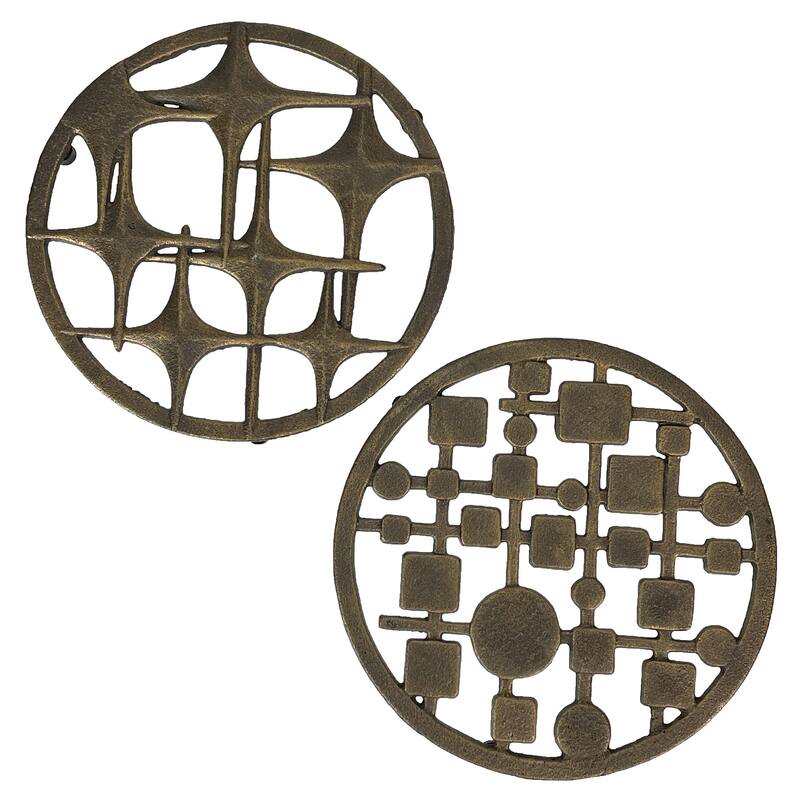 Set Of 2 Cast Iron Trivets Stars & Circles/Squares, Bronze, 8" Mcm - 0.5 X 8 X 8 inches