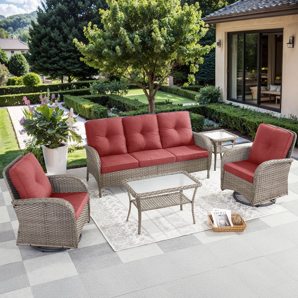 Gymojoy 5-Piece Outdoor Wicker Patio Furniture with 3 Seat Sofa & Swivel Chair, Coversation Set with Water Resistant Cushions