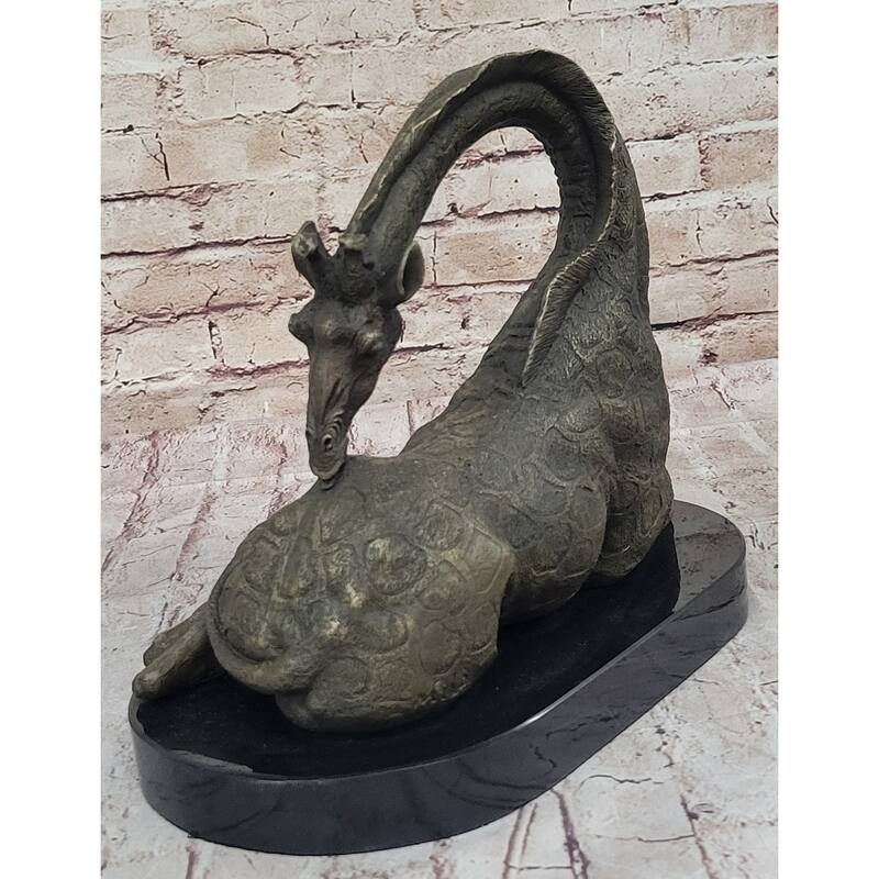 African Graceful Giraffe Sitting Bronze Sculpture Figurine Signed Marble Base