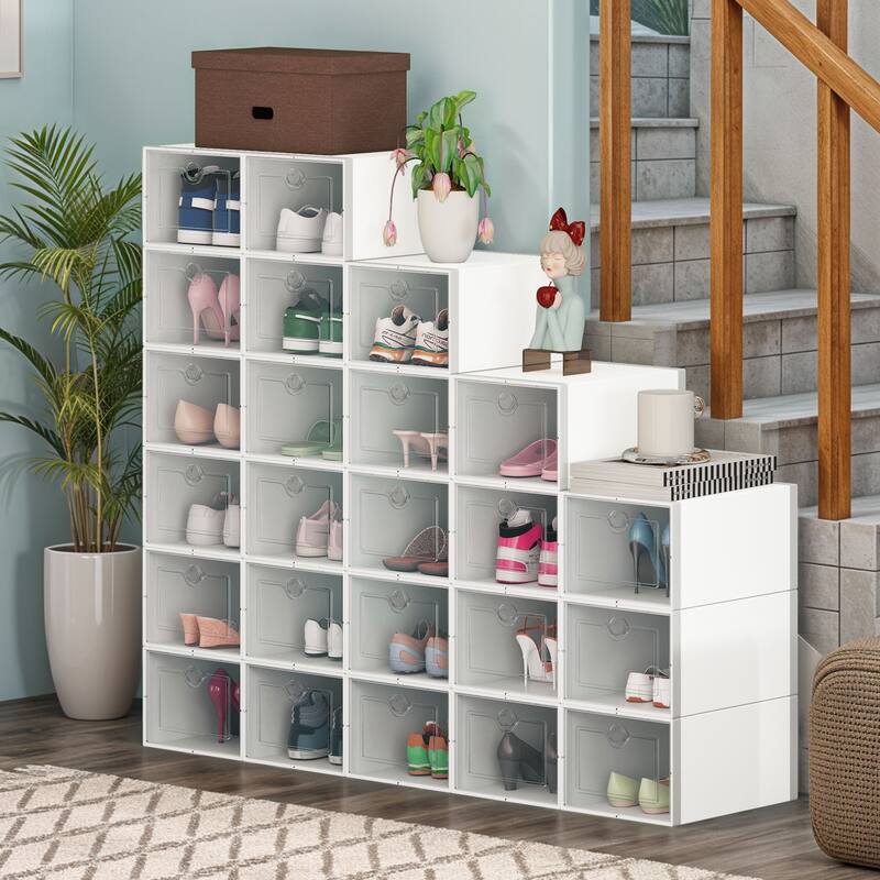 Shoe Storage Boxes 24Pcs Stackable Plastic Sneaker Organizer Transparent Case - 24件 - Off White