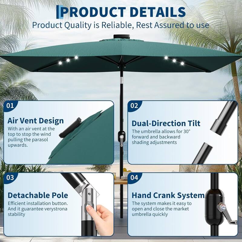 10' x 6.5' Solar Patio Umbrella with Crank and Push Button Tilt for Garden, Deck, Lawn, Pool with Lights (No Base)