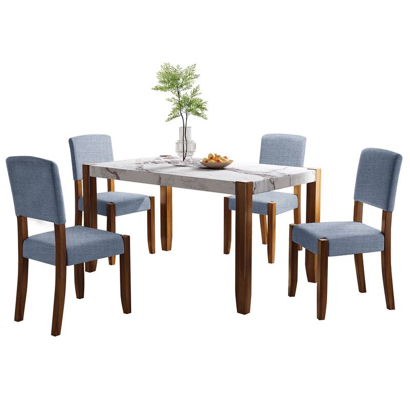 5-Piece Dining Table Set for 4, 46" Faux Marble Style Table and 4 Upholstered Chairs with Solid Rubberwood Legs
