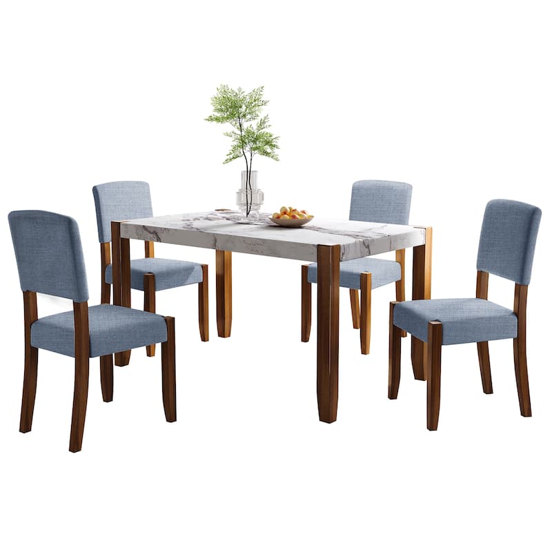 5 Piece Dining Table Set for 4, 46" Faux Marble Table with 4 Upholstered Chairs
