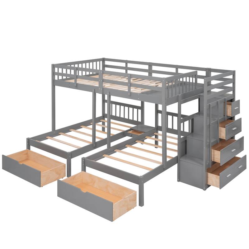 Space-Saving Full Over Twin & Twin Bunk Bed with Drawers and Guardrails, Gray