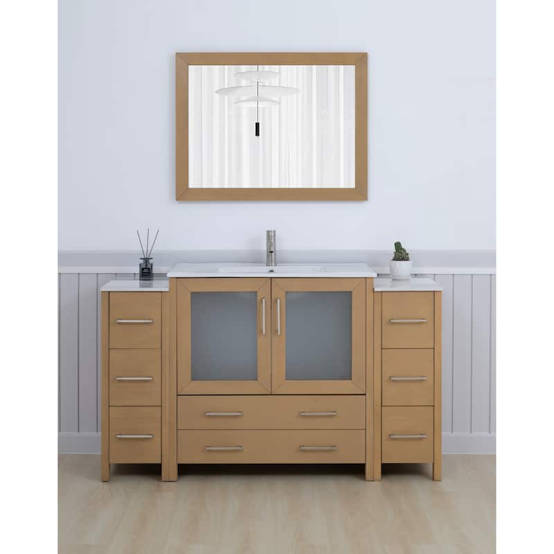 Vanity Art 60-Inch Single Sink Bathroom Vanity Set 8 Dove-Tailed Drawers 3 Cabinets 1 Shelf Soft-Closing Doors with Free Mirror