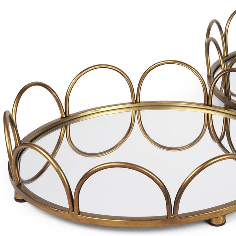 HomeRoots Set of Two Antiqued Gold Metal And Mirrored Glass Round Vanity Trays - 18.90 in. x 4.33 in. x 18.90 in.
