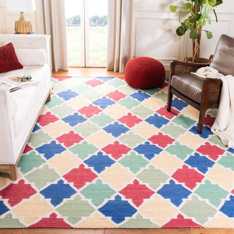 SAFAVIEH Hand-woven Moroccan Jeanmarie Reversible Dhurrie Wool Rug - 8' x 10' - Blue/Multi