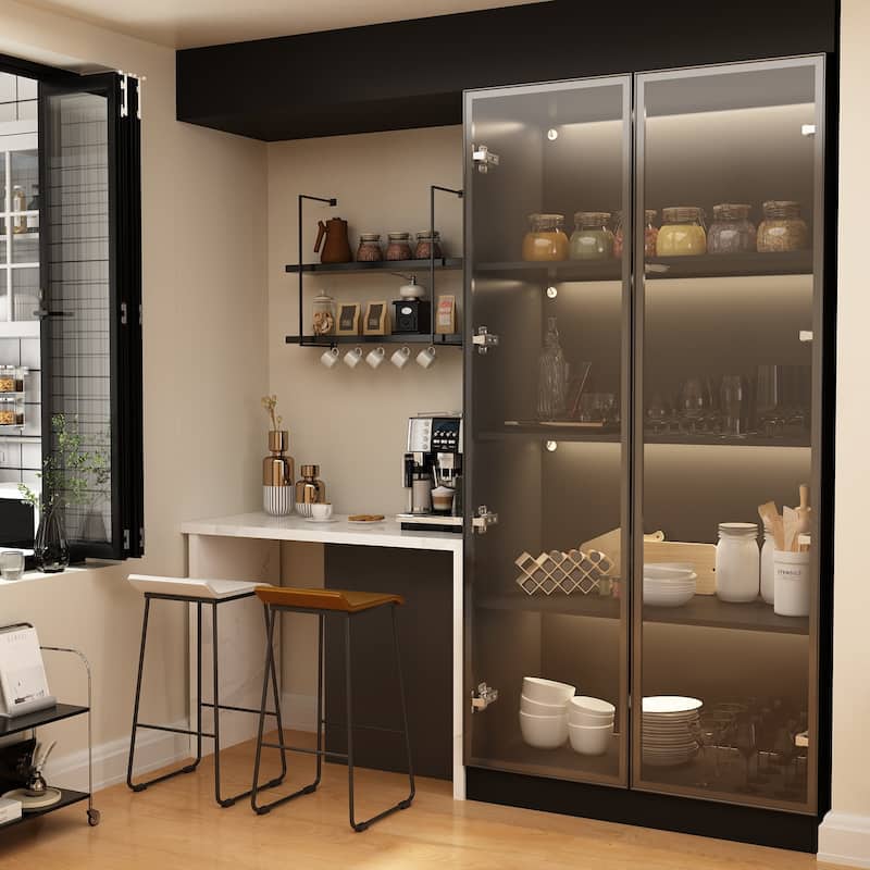 Black Glass Door Corner and Standard Cabinet Set with Lights Strips