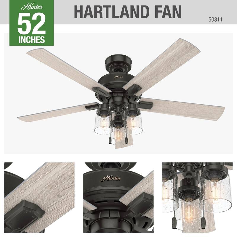 Hunter 52" Hartland Ceiling Fan with 3-Light LED Light and Pull Chains - Farmhouse, Transitional