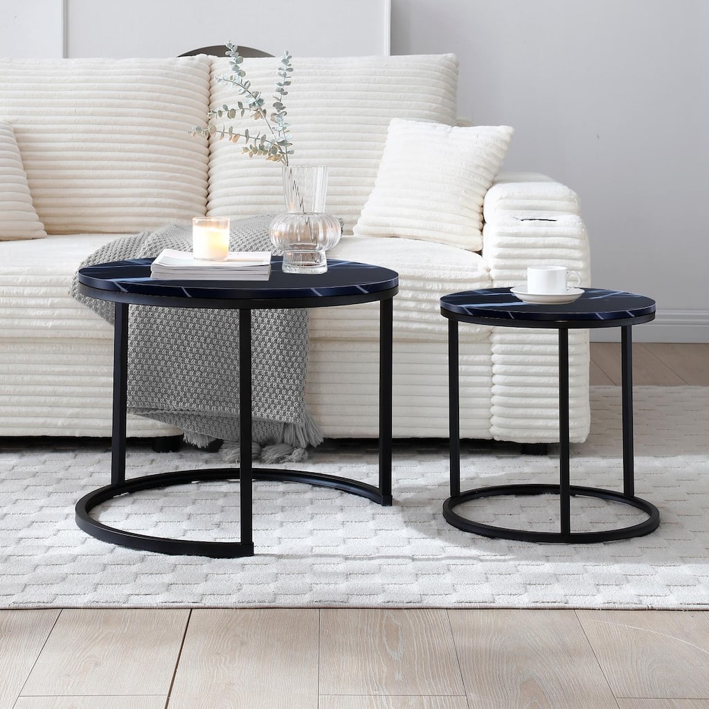 Modern Nesting Tables - Black Marble Round Set, Industrial Style
