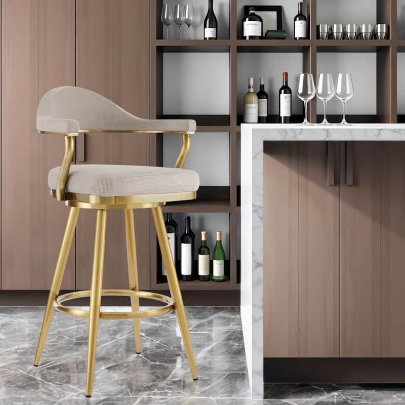 HomeRoots 30" Taupe and Gold Fabric and Stainless Steel Bar Height Swivel Bar Chair - Bar Height - Single - Gray