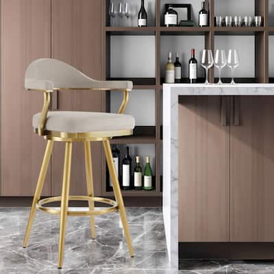 HomeRoots 30" Taupe and Gold Fabric and Stainless Steel Bar Height Swivel Bar Chair