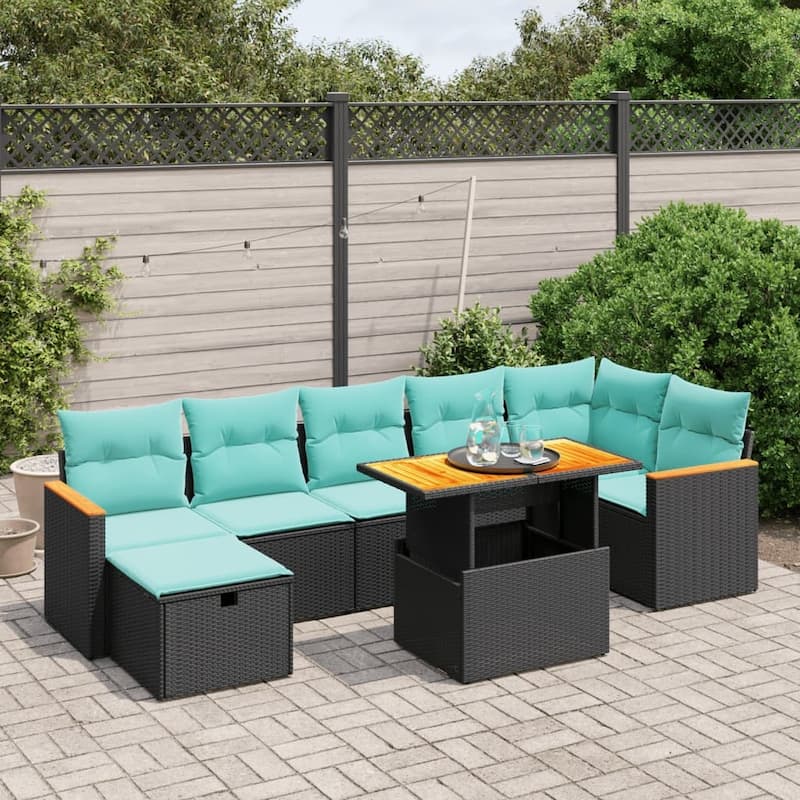 vidaXL Patio Sofa Set with Cushions Outdoor Furniture 8 Piece Poly Rattan - Black - 21.7 x 24.4 x 27.2