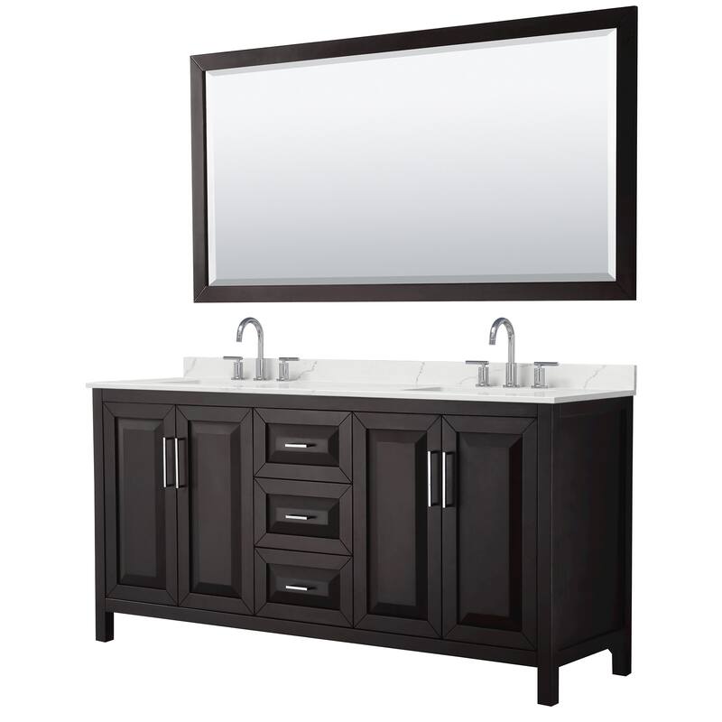 Daria 72-inch Double Vanity, 3 Hole Quartz Top, 70-inch Mirror - Dark Espresso, Chrome Trim, Giotto Quartz Top