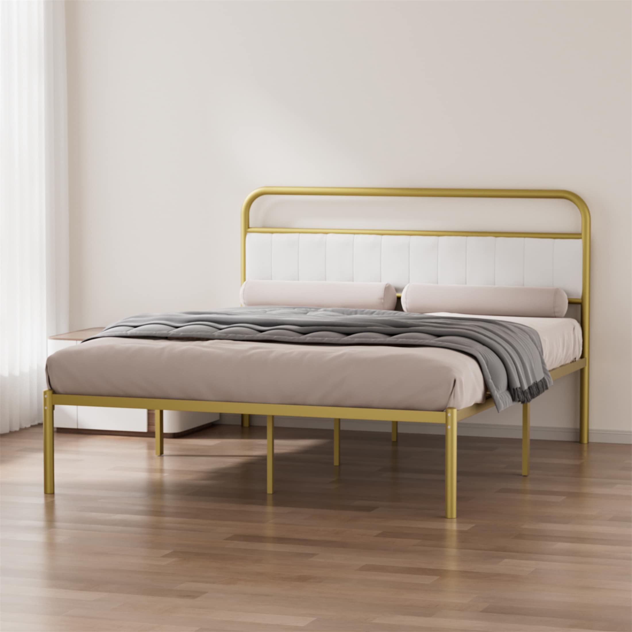 Queen-Size Metal Steel Platform Bed Frame with Durable Upholstered Headboard