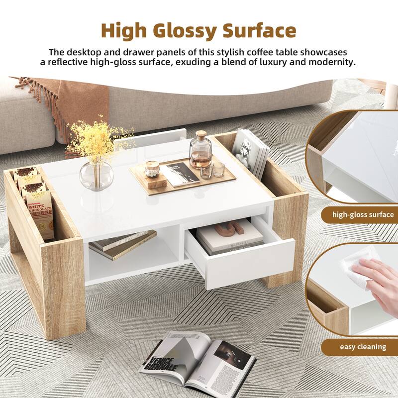 High Glossy Coffee Table Lounges Center Table with 2 Drawers, Storage Legs, Rectangle Wood Cocktail Table for Living Rooms