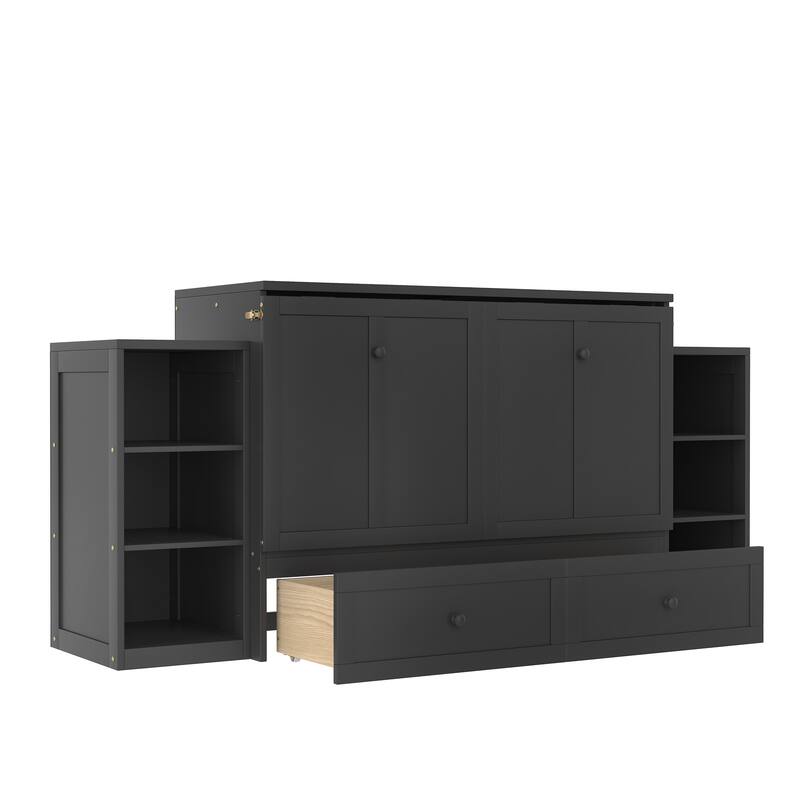 Full Size Murphy Bed with Spacious Storage Drawers and Shelves. Ideal for Guest Rooms or Compact Bedrooms