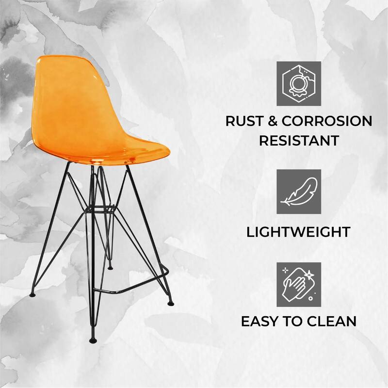 Cresco Acrylic Barstool in Brushed Black Steel Base with Ergonomic Seat, Footrest, & Floor Pads for Kitchen or Home Bar Set of 2