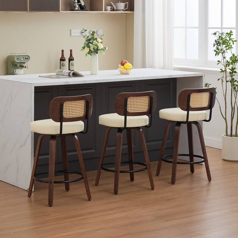 26" Swivel Rattan Bar Stools - Walnut Finish Counter Height Stools with Upholstered Seat