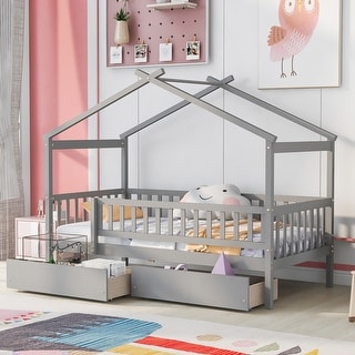 Twin Size Wooden House Bed with Drawers, Roof Design, Solid Pine Frame, Headboards for Kids' Room, Easy Assembly, Grey