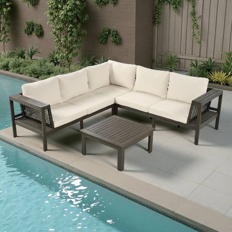 4-Piece Acacia Wood Outdoor Sectional Sofa Set with Mesh Armrests and Cushions, Coffee Table and Side Table - Beige,Grayish Brown