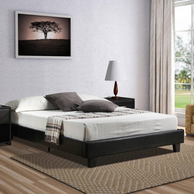 Contemporary Platform Bed Frame in Faux Leather with Slats and Solid Wood Support for Bedroom