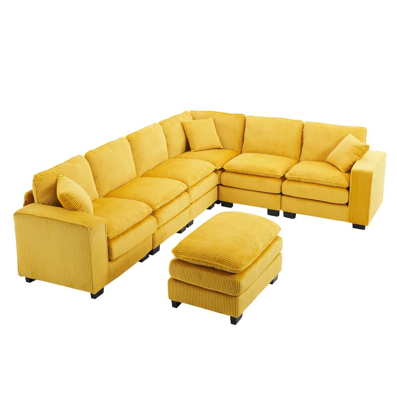 Corduroy Upholstered U-shaped Chaise Sectional Sofa Modular Sleeper Sofa Bed Deep Seat Couch with Ottoman and Pillows