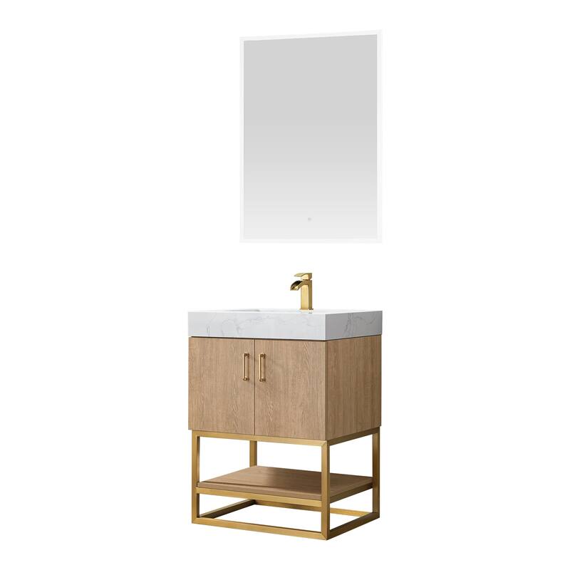 Alistair Single Bath Vanity with White Grain Stone Top & Mirror - 24" - North American Oak(Gold Hardware)