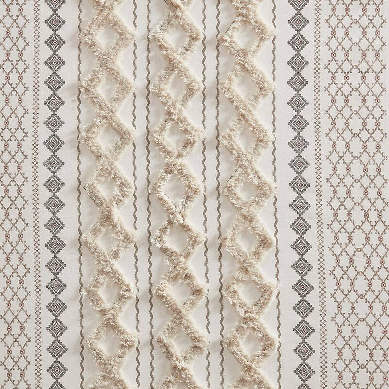 1PC Cotton Printed Curtain Panel with Chenille Stripe and Lining - Ivory - 84 Inches