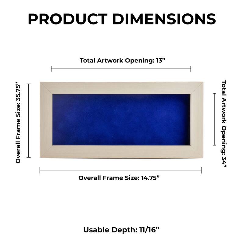 13x34 Shadow Box Frame White Washed Wood | With a 3/4" Usable Display Depth | Includes a Royal Blue Real Suede Texture Acid-Free